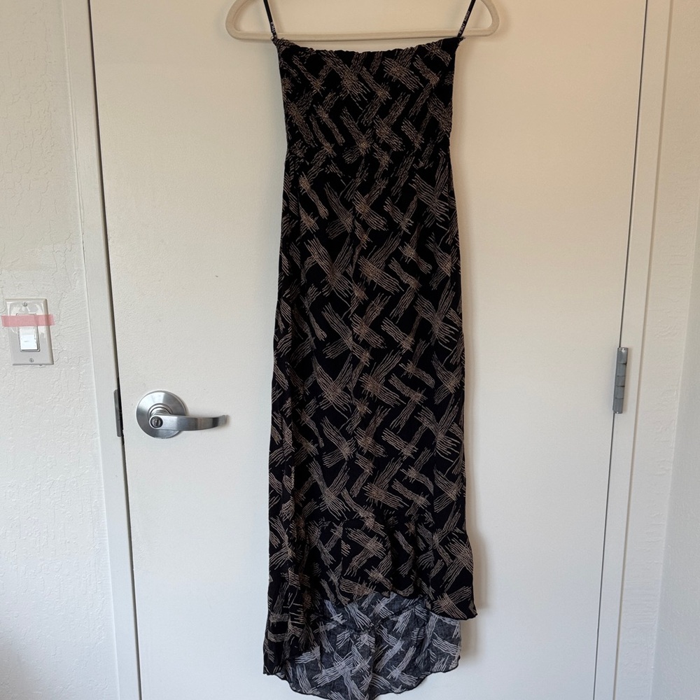 Mimi Chica Black and Tan Geometric Strapless Asymmetric Maxi Dress